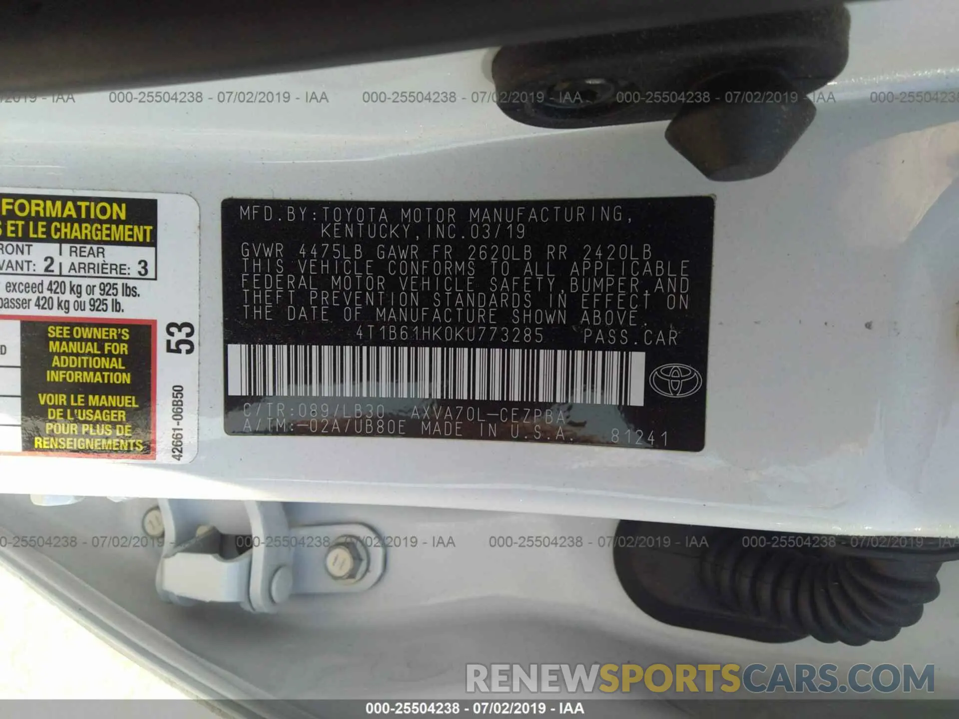 9 Photograph of a damaged car 4T1B61HK0KU773285 TOYOTA CAMRY 2019