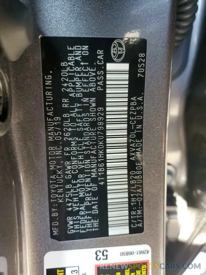 12 Photograph of a damaged car 4T1B61HK0KU798929 TOYOTA CAMRY 2019