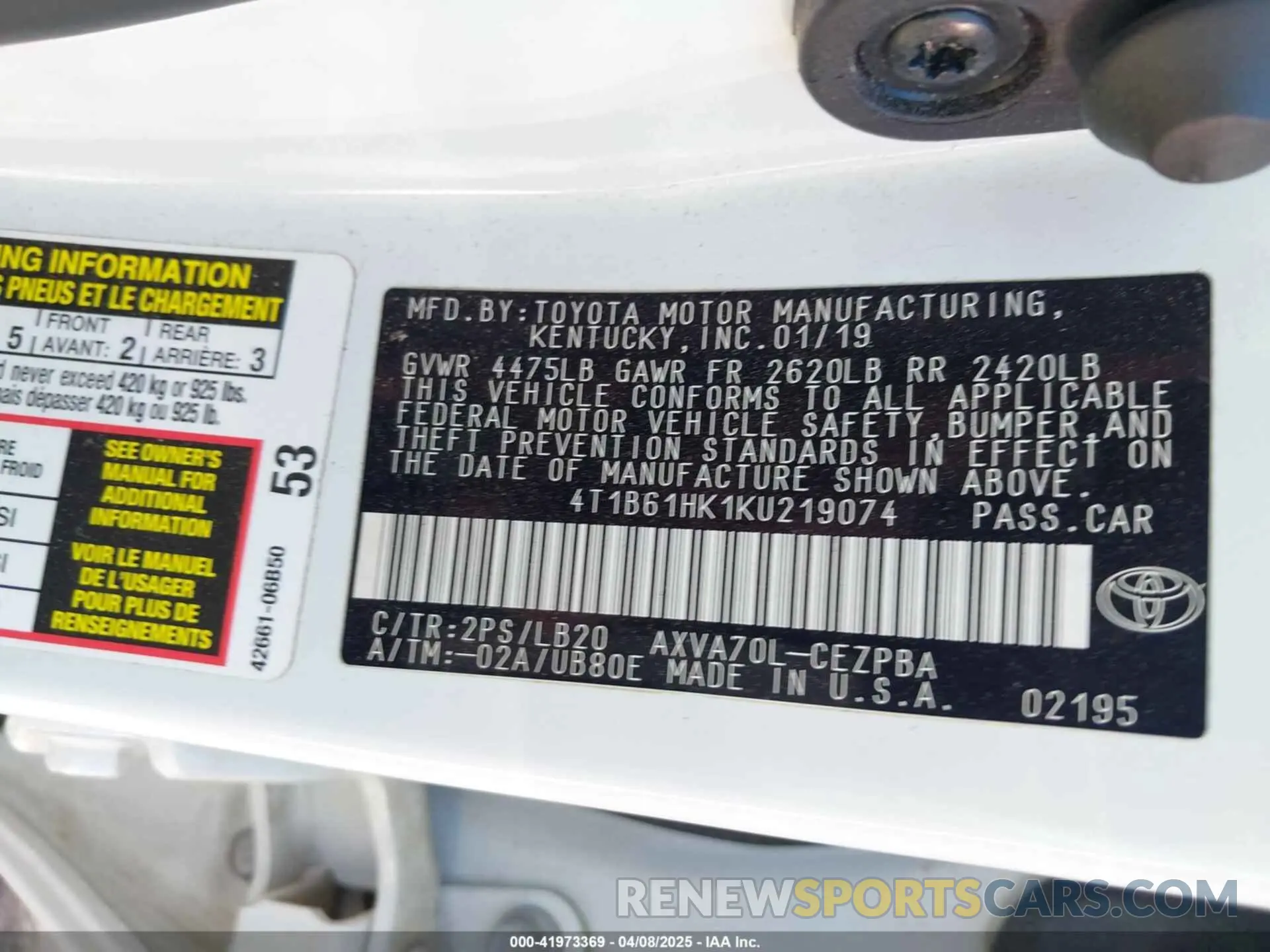9 Photograph of a damaged car 4T1B61HK1KU219074 TOYOTA CAMRY 2019