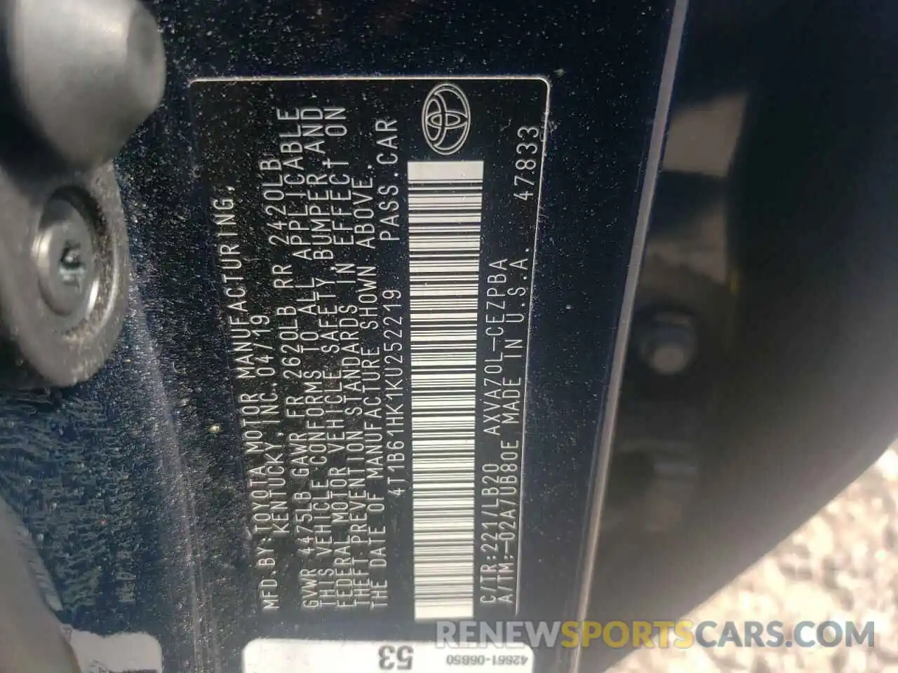 10 Photograph of a damaged car 4T1B61HK1KU252219 TOYOTA CAMRY 2019