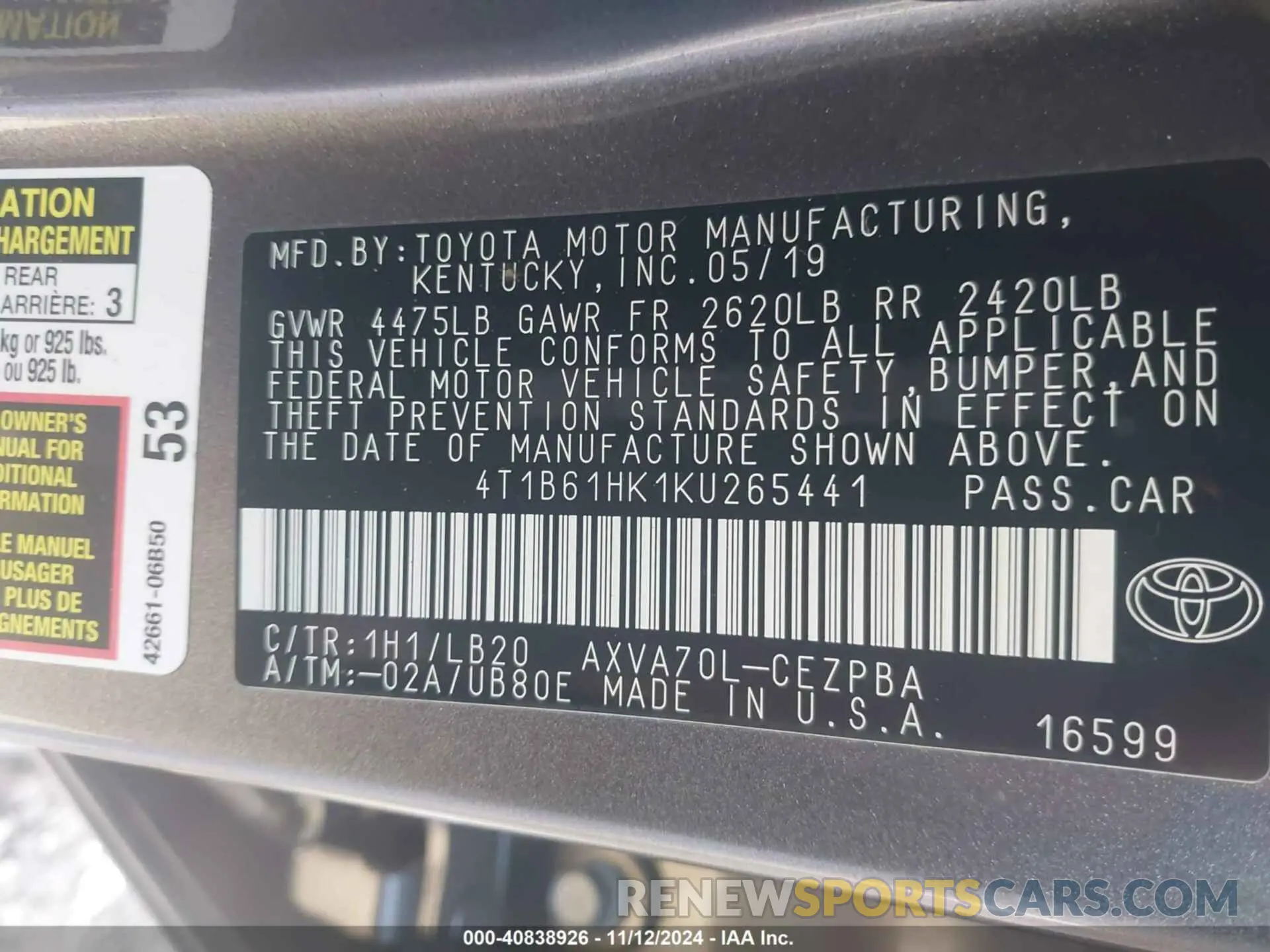 9 Photograph of a damaged car 4T1B61HK1KU265441 TOYOTA CAMRY 2019