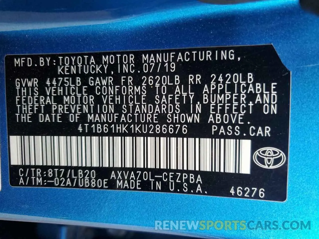 14 Photograph of a damaged car 4T1B61HK1KU286676 TOYOTA CAMRY 2019