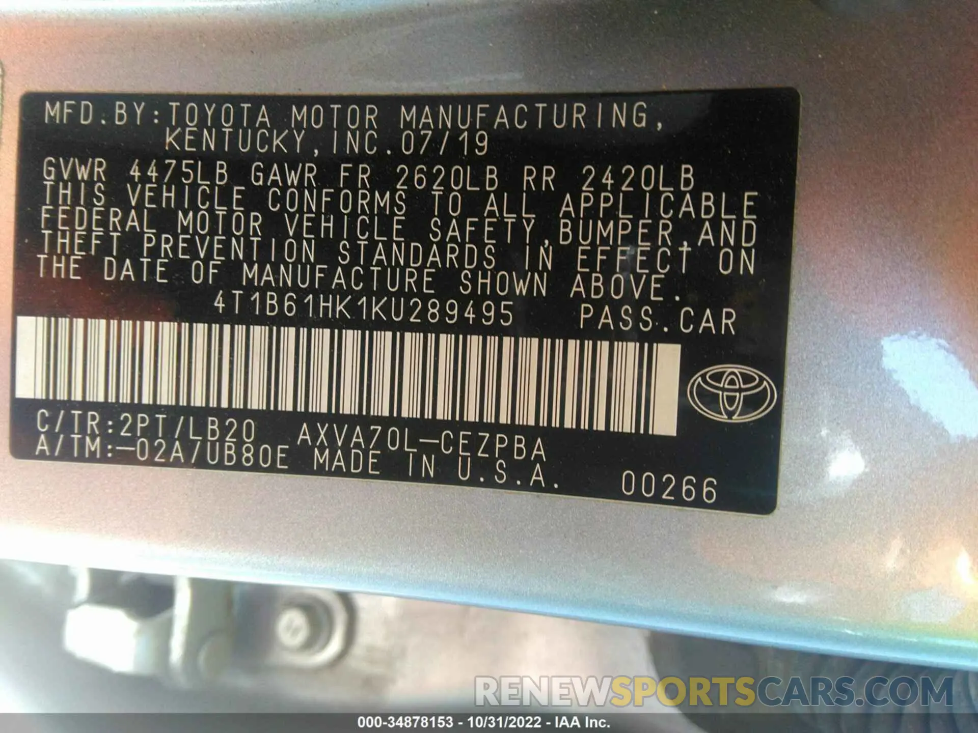9 Photograph of a damaged car 4T1B61HK1KU289495 TOYOTA CAMRY 2019