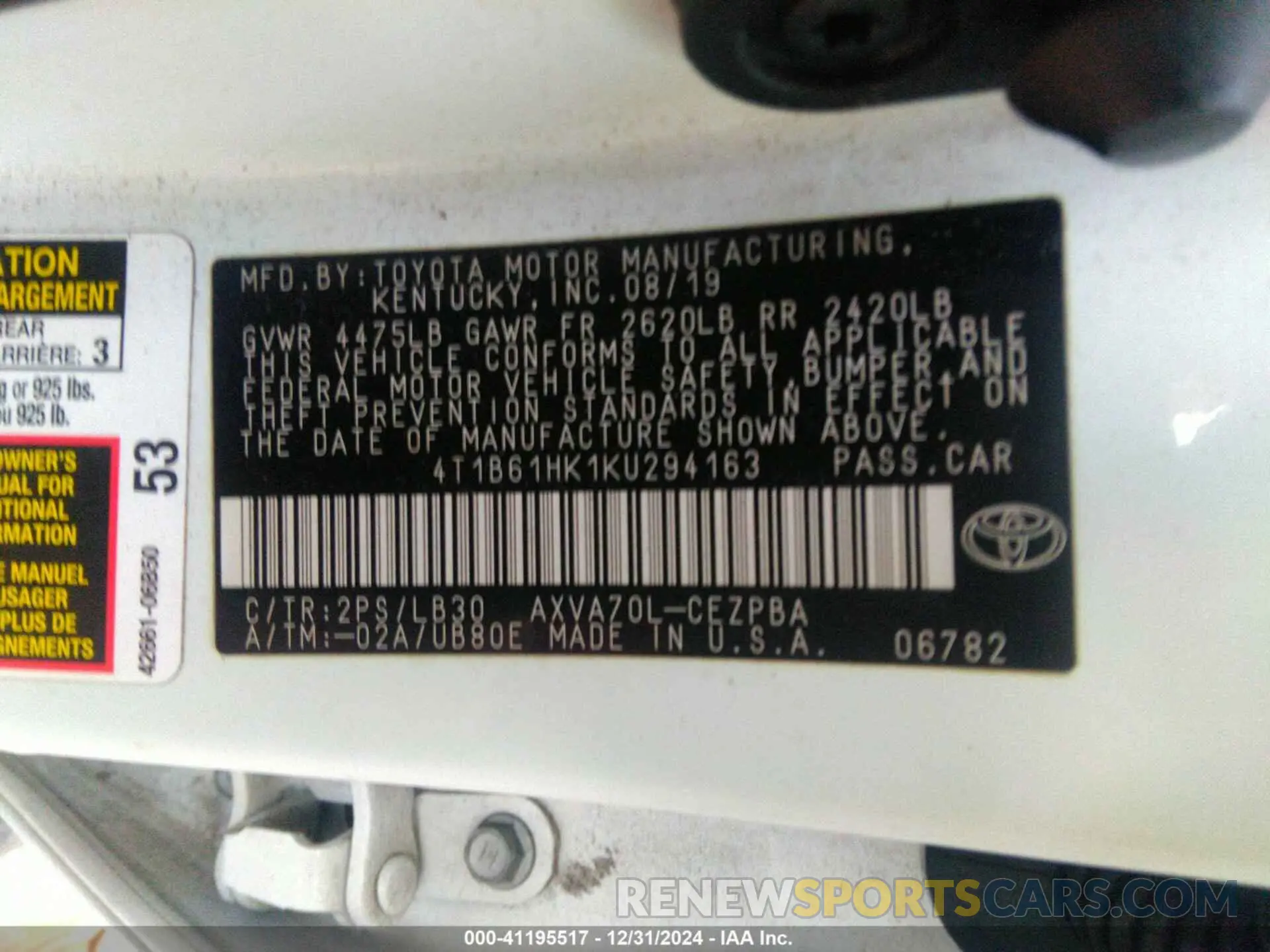 9 Photograph of a damaged car 4T1B61HK1KU294163 TOYOTA CAMRY 2019