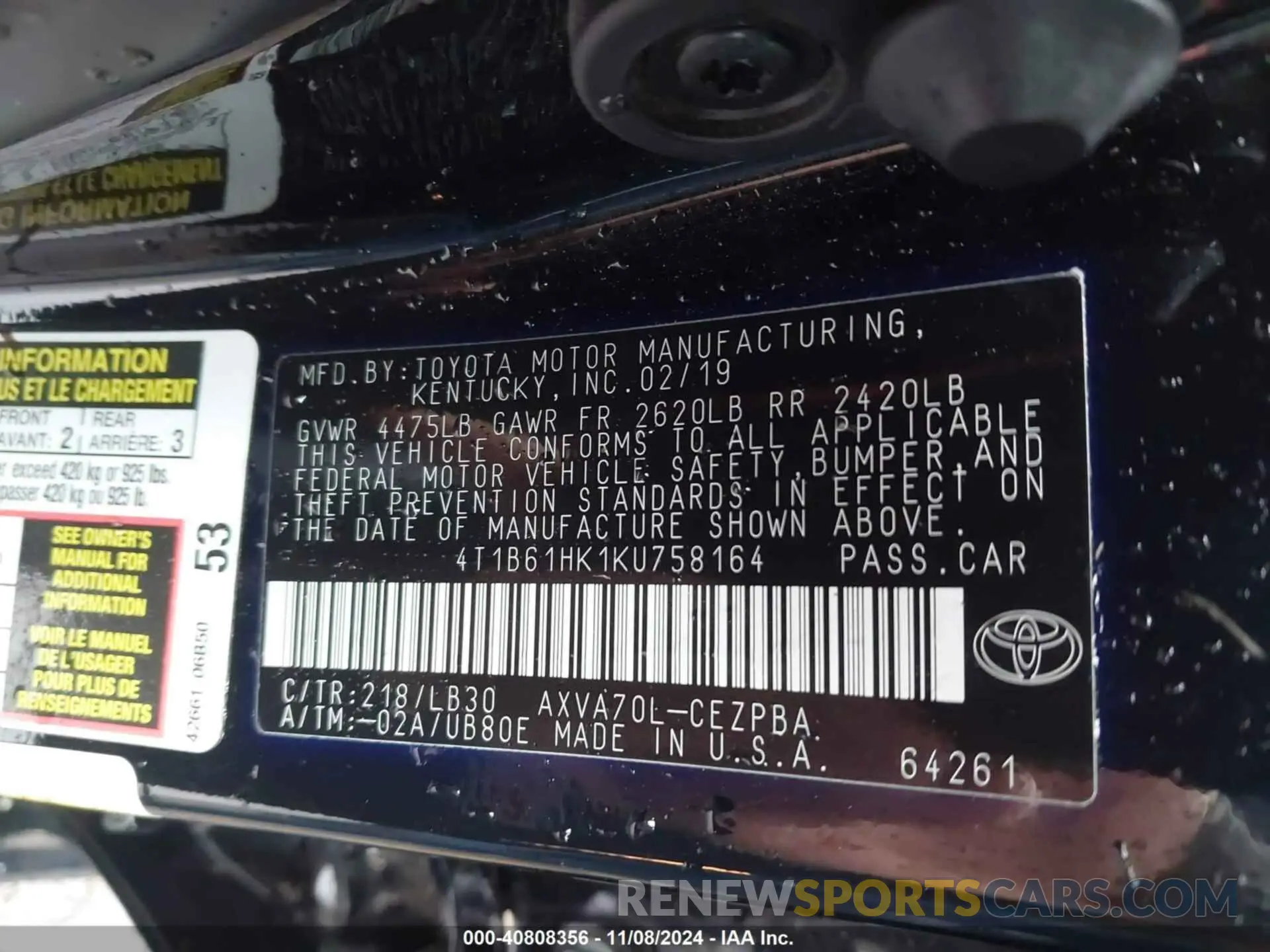 9 Photograph of a damaged car 4T1B61HK1KU758164 TOYOTA CAMRY 2019