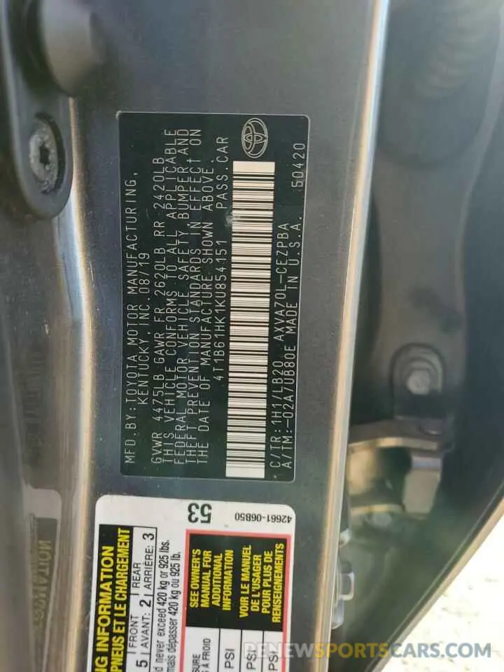 12 Photograph of a damaged car 4T1B61HK1KU854151 TOYOTA CAMRY 2019