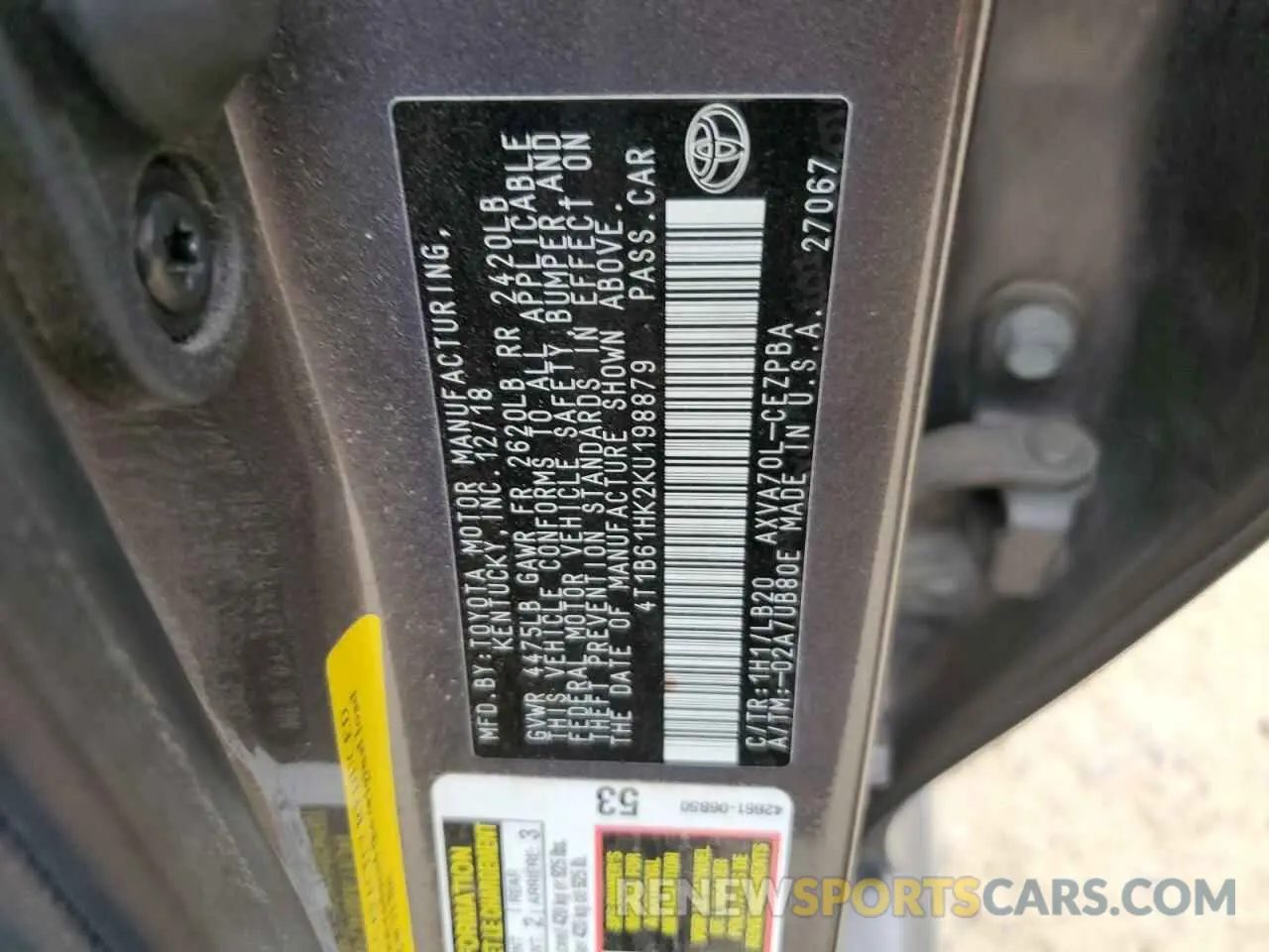 12 Photograph of a damaged car 4T1B61HK2KU198879 TOYOTA CAMRY 2019