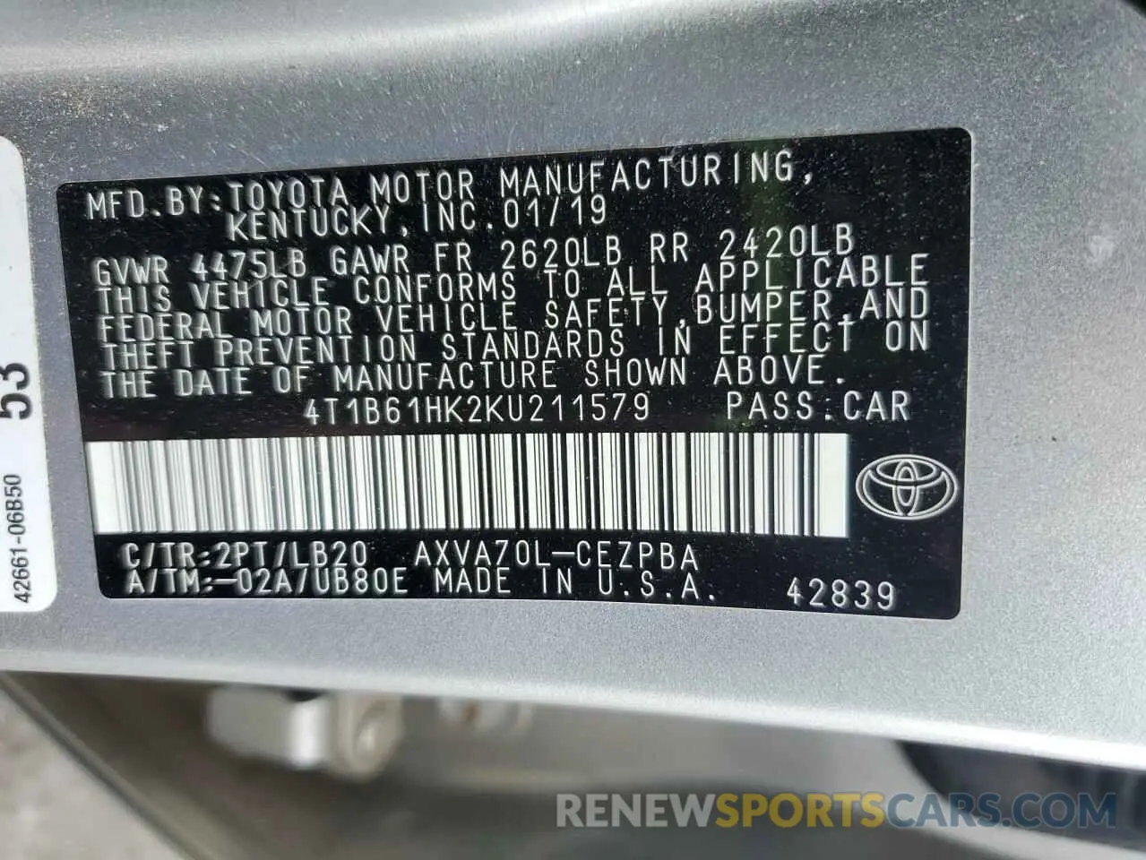 12 Photograph of a damaged car 4T1B61HK2KU211579 TOYOTA CAMRY 2019
