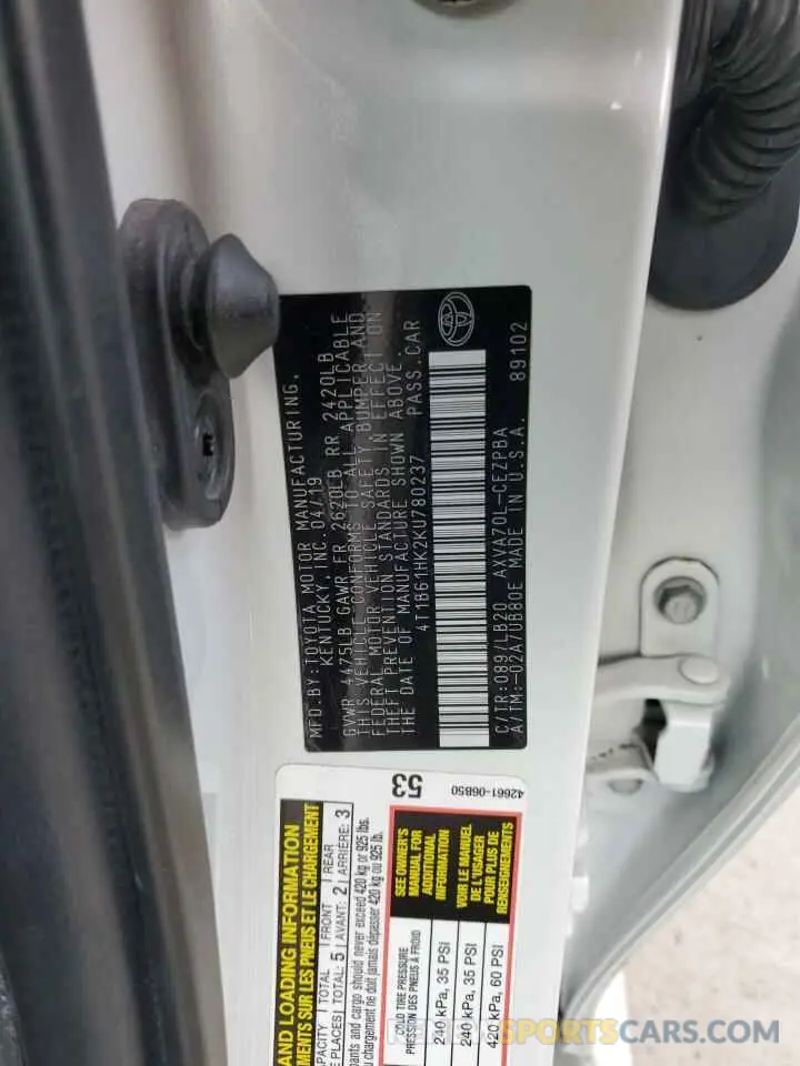 13 Photograph of a damaged car 4T1B61HK2KU780237 TOYOTA CAMRY 2019