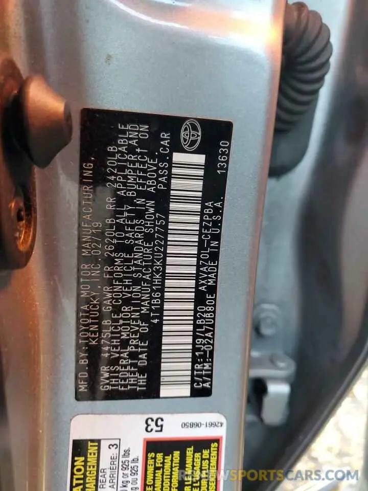 14 Photograph of a damaged car 4T1B61HK3KU227757 TOYOTA CAMRY 2019