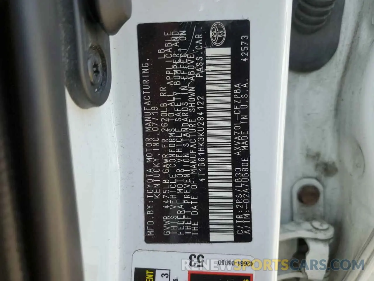 12 Photograph of a damaged car 4T1B61HK3KU284122 TOYOTA CAMRY 2019