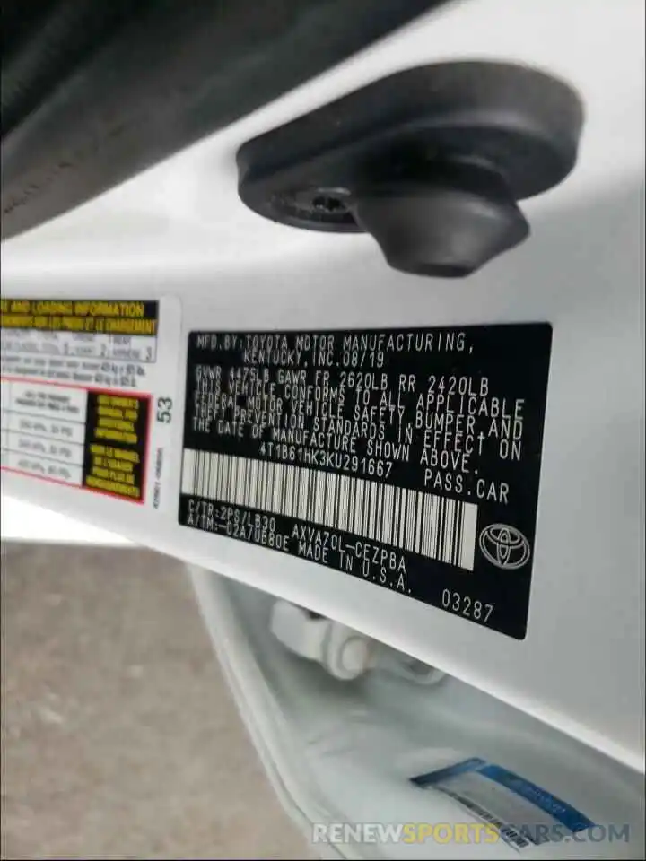 10 Photograph of a damaged car 4T1B61HK3KU291667 TOYOTA CAMRY 2019