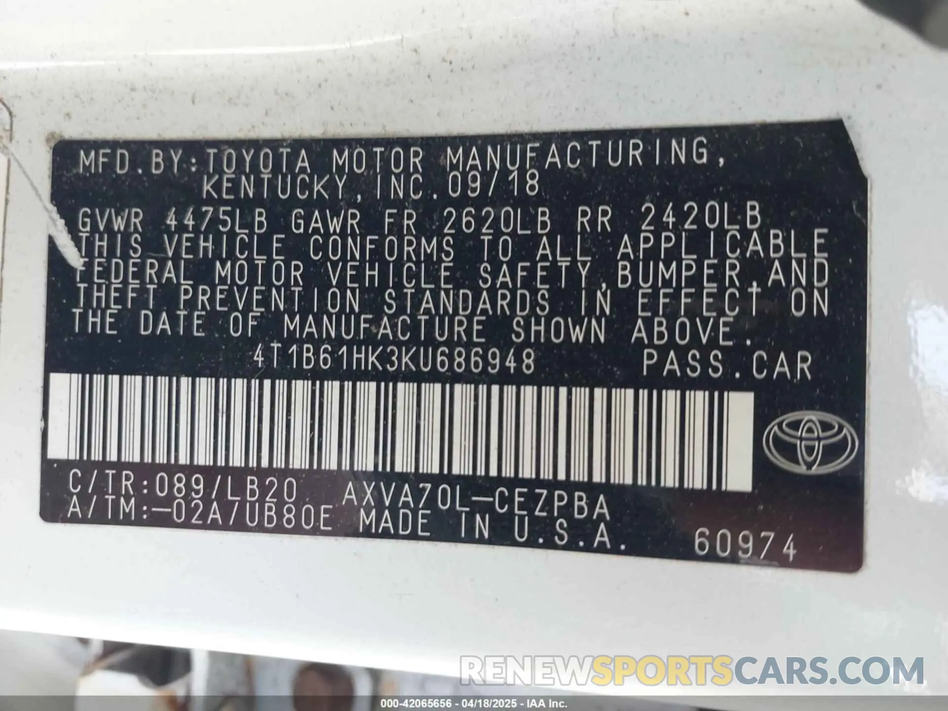 9 Photograph of a damaged car 4T1B61HK3KU686948 TOYOTA CAMRY 2019