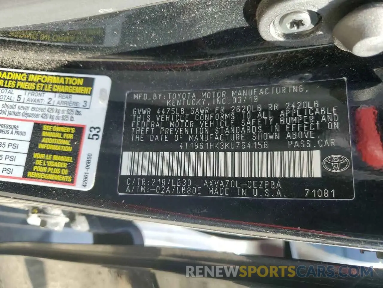 12 Photograph of a damaged car 4T1B61HK3KU764158 TOYOTA CAMRY 2019