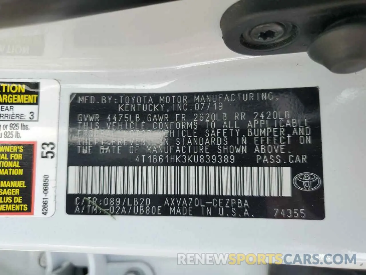 15 Photograph of a damaged car 4T1B61HK3KU839389 TOYOTA CAMRY 2019