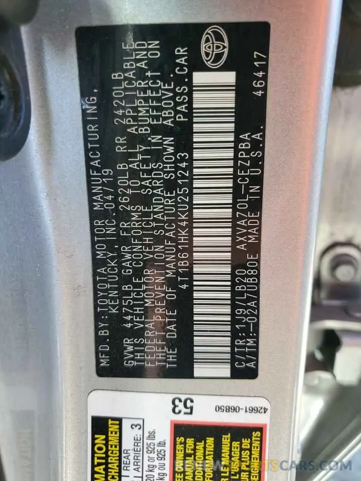 12 Photograph of a damaged car 4T1B61HK4KU251243 TOYOTA CAMRY 2019