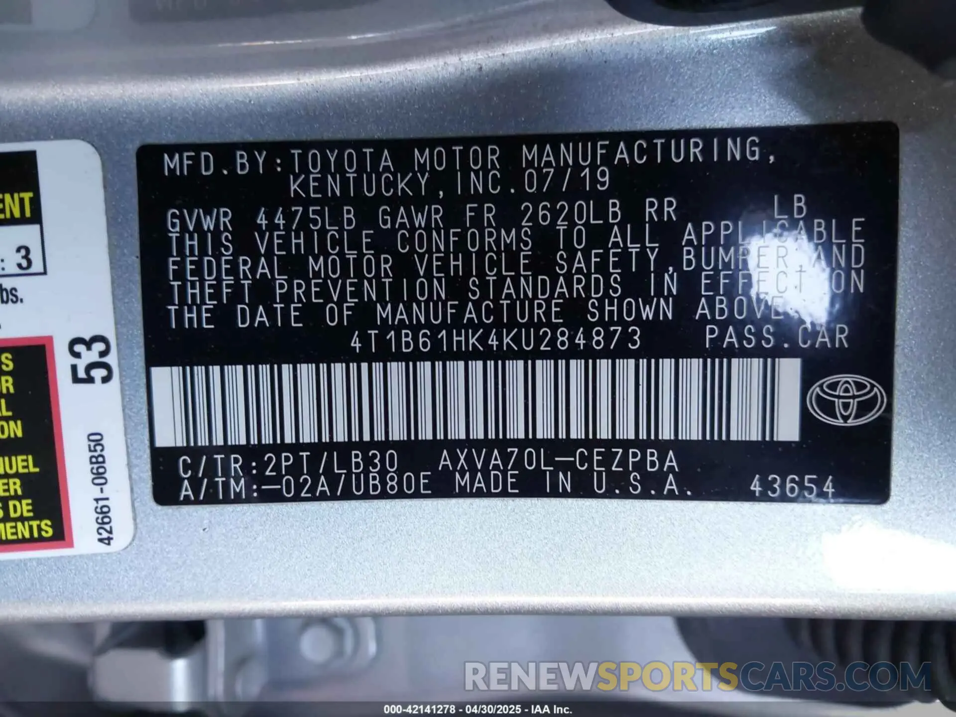 9 Photograph of a damaged car 4T1B61HK4KU284873 TOYOTA CAMRY 2019