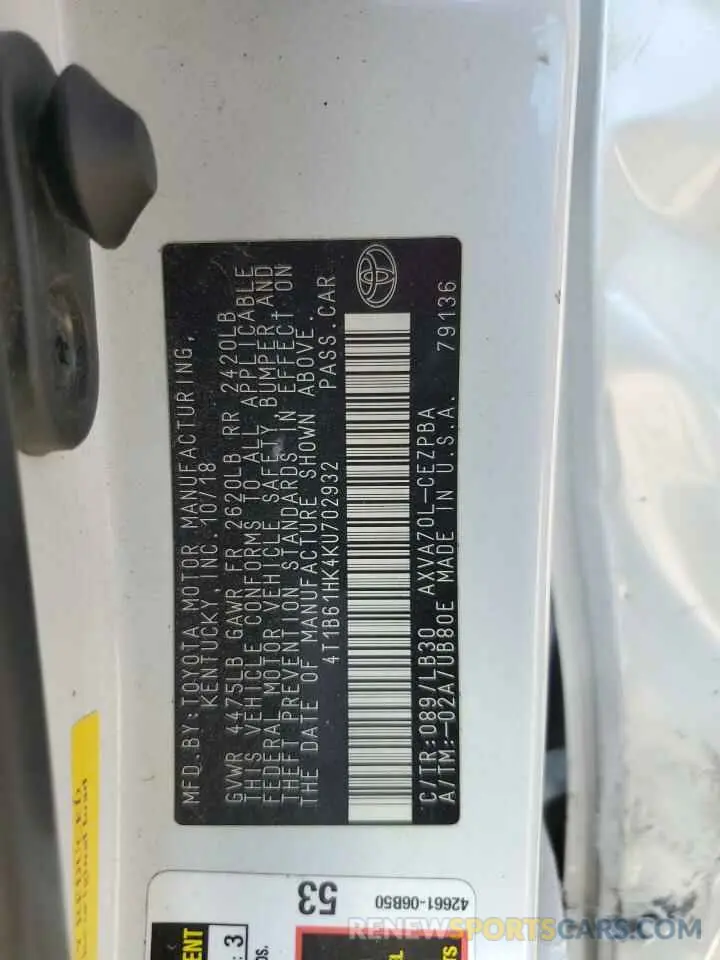 12 Photograph of a damaged car 4T1B61HK4KU702932 TOYOTA CAMRY 2019