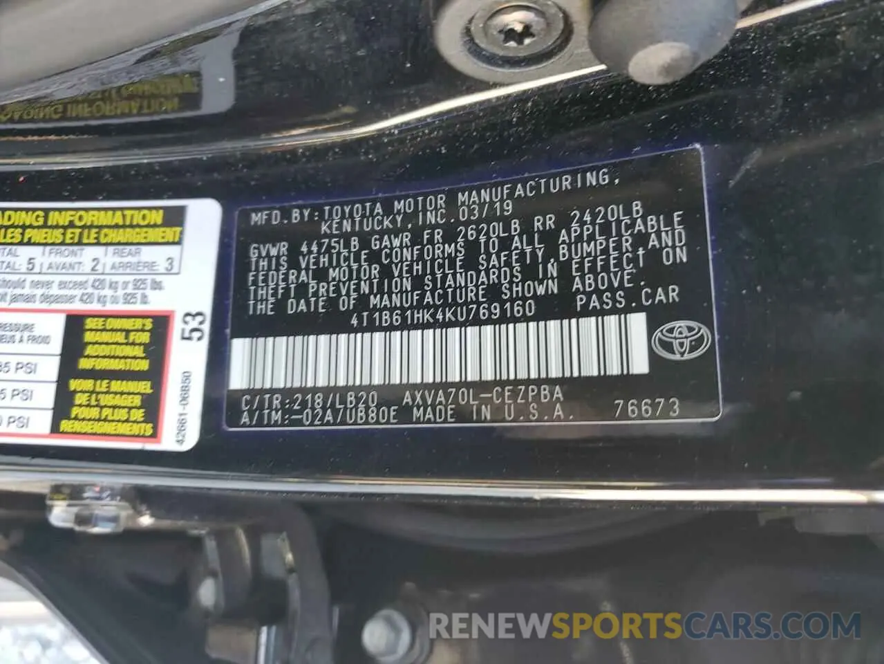 13 Photograph of a damaged car 4T1B61HK4KU769160 TOYOTA CAMRY 2019