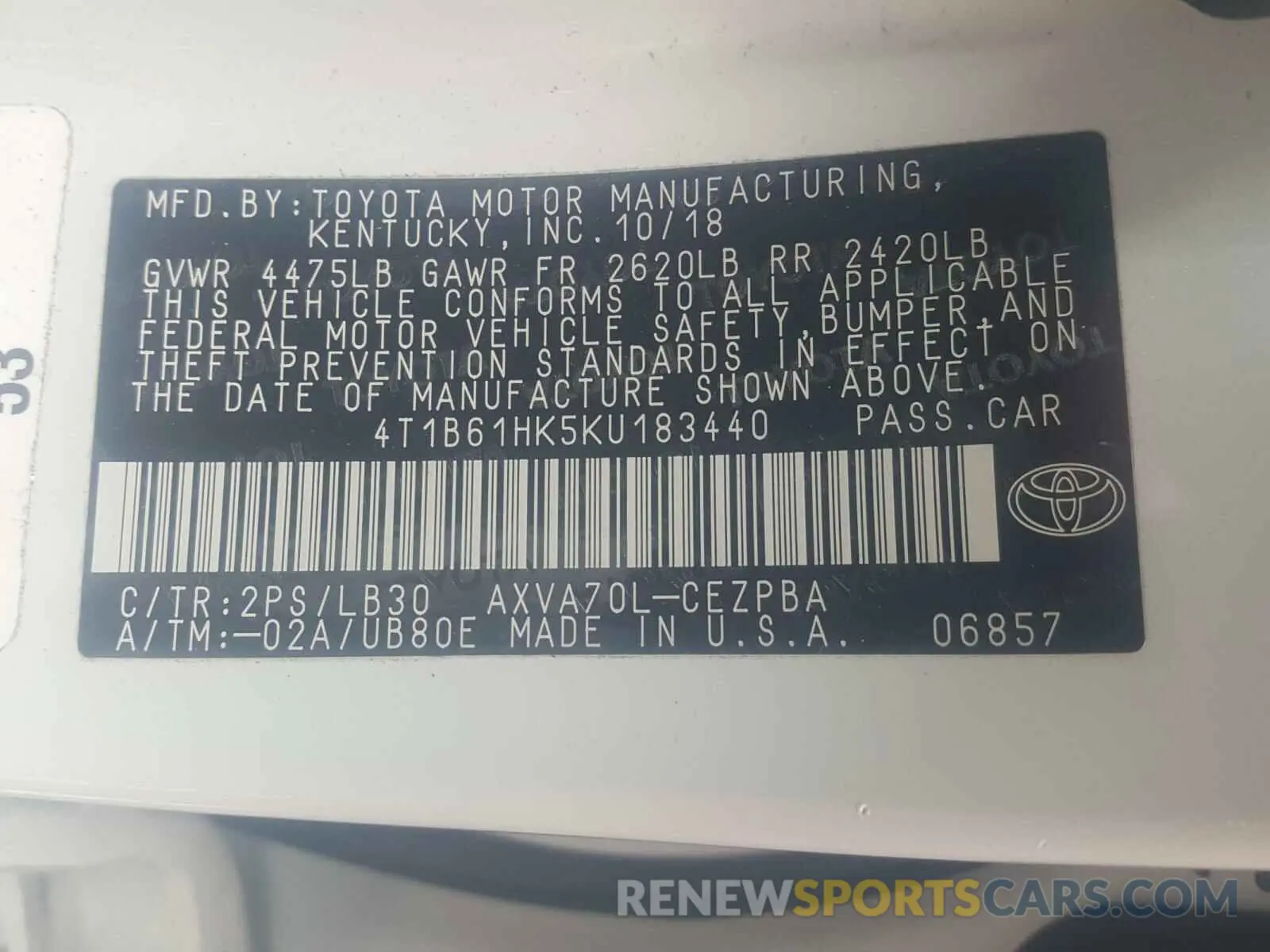 10 Photograph of a damaged car 4T1B61HK5KU183440 TOYOTA CAMRY 2019