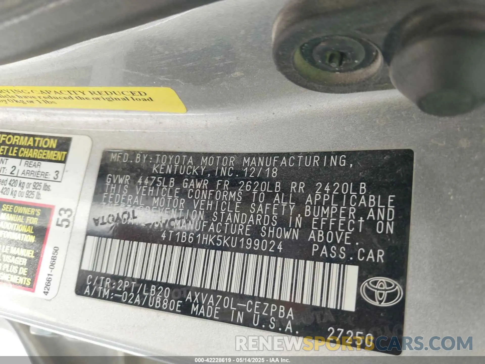 9 Photograph of a damaged car 4T1B61HK5KU199024 TOYOTA CAMRY 2019
