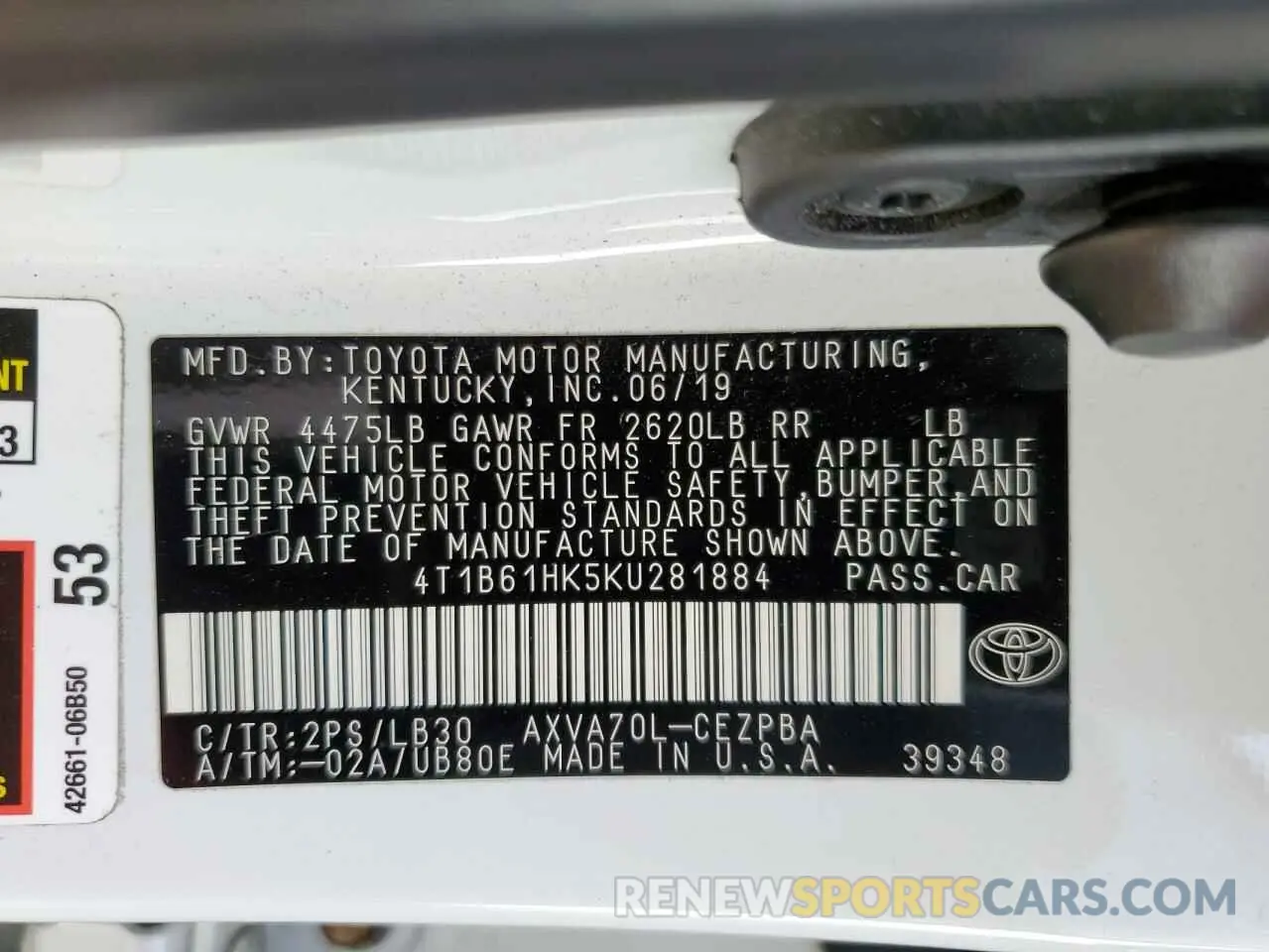12 Photograph of a damaged car 4T1B61HK5KU281884 TOYOTA CAMRY 2019