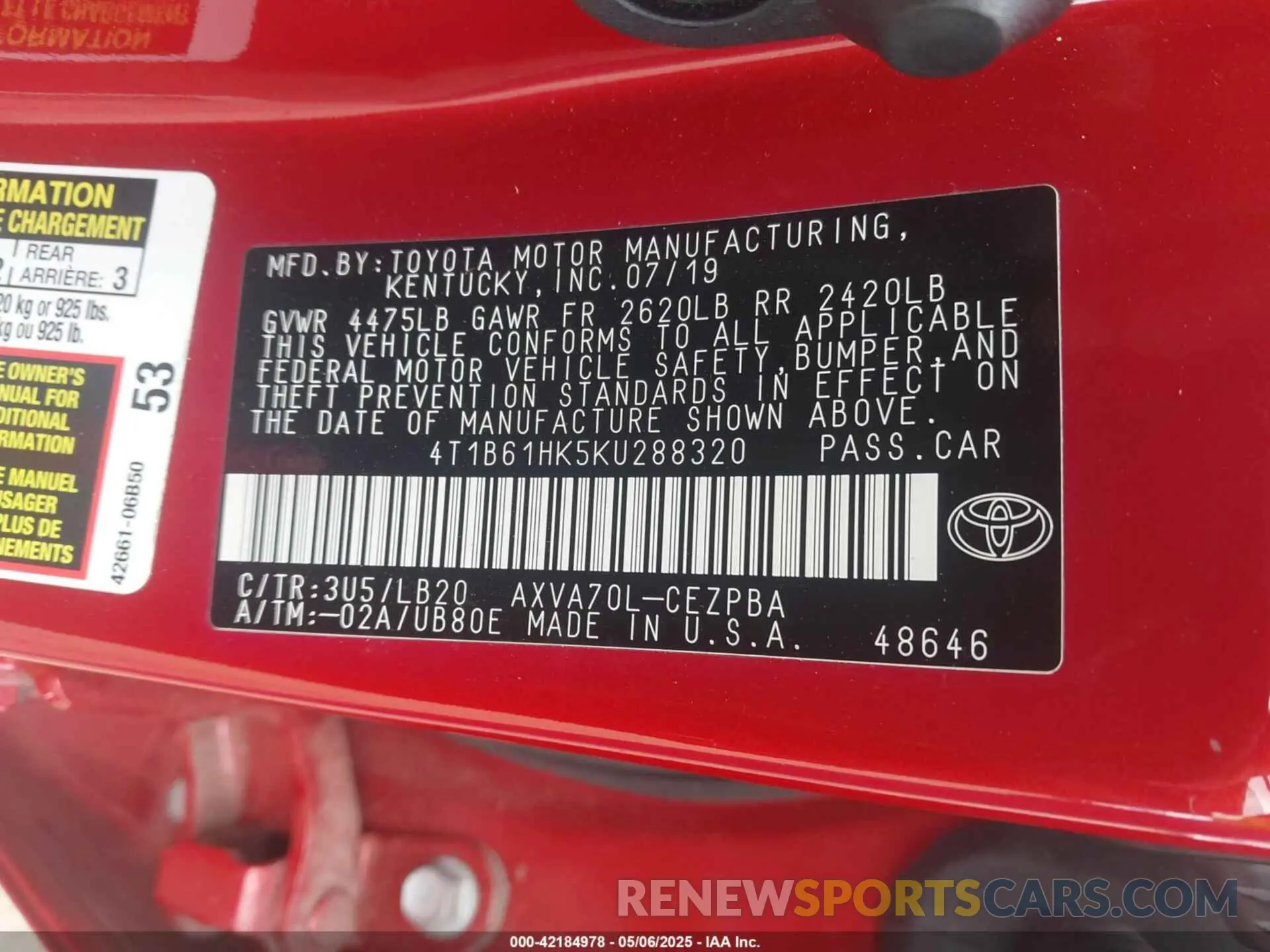 9 Photograph of a damaged car 4T1B61HK5KU288320 TOYOTA CAMRY 2019