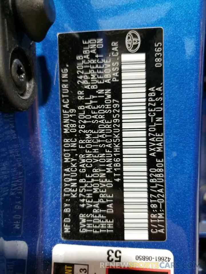 12 Photograph of a damaged car 4T1B61HK5KU295297 TOYOTA CAMRY 2019