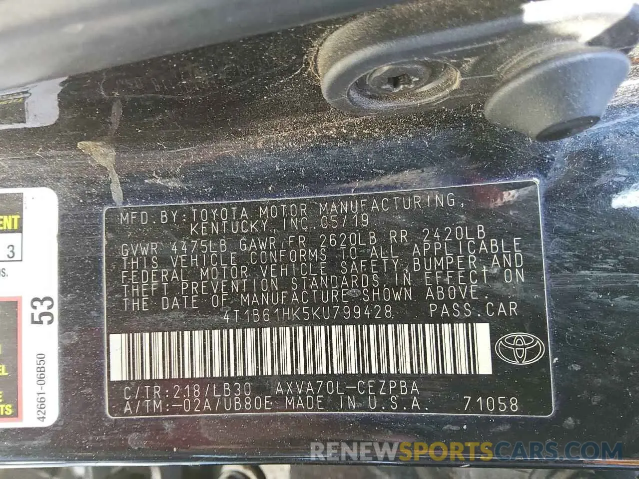 13 Photograph of a damaged car 4T1B61HK5KU799428 TOYOTA CAMRY 2019