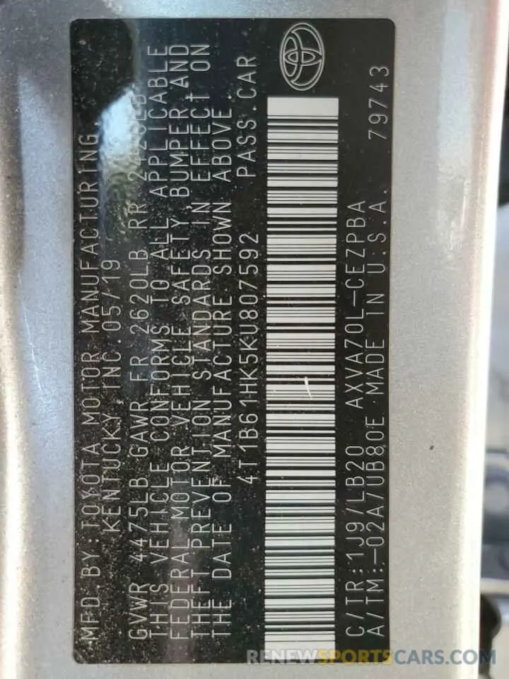 12 Photograph of a damaged car 4T1B61HK5KU807592 TOYOTA CAMRY 2019