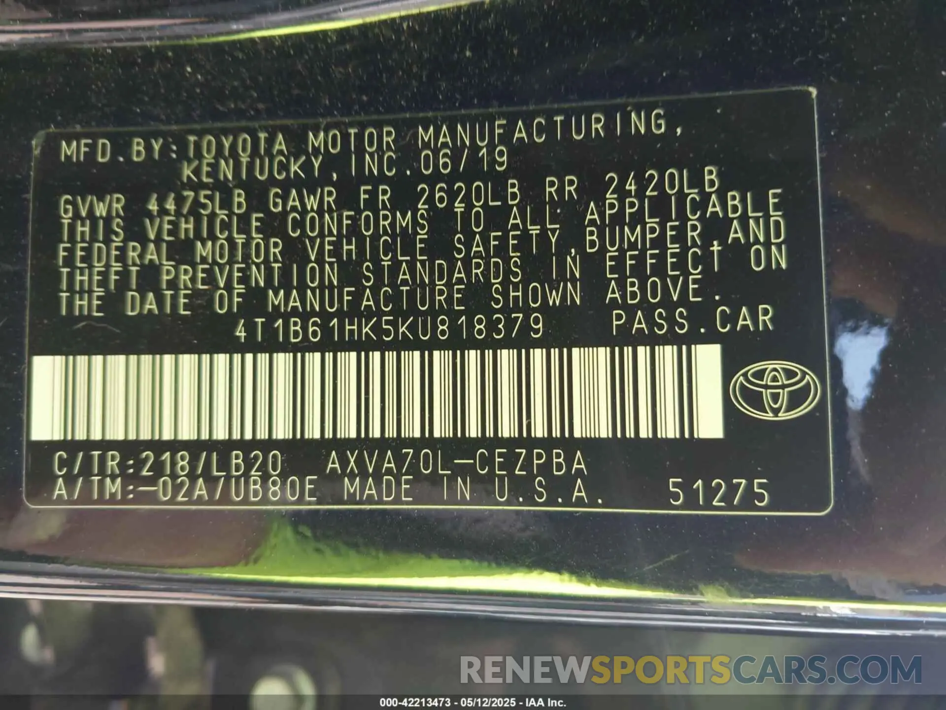 9 Photograph of a damaged car 4T1B61HK5KU818379 TOYOTA CAMRY 2019