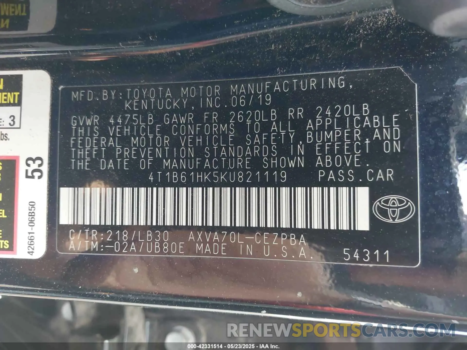9 Photograph of a damaged car 4T1B61HK5KU821119 TOYOTA CAMRY 2019