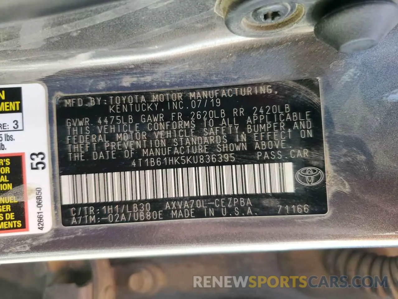 12 Photograph of a damaged car 4T1B61HK5KU836395 TOYOTA CAMRY 2019