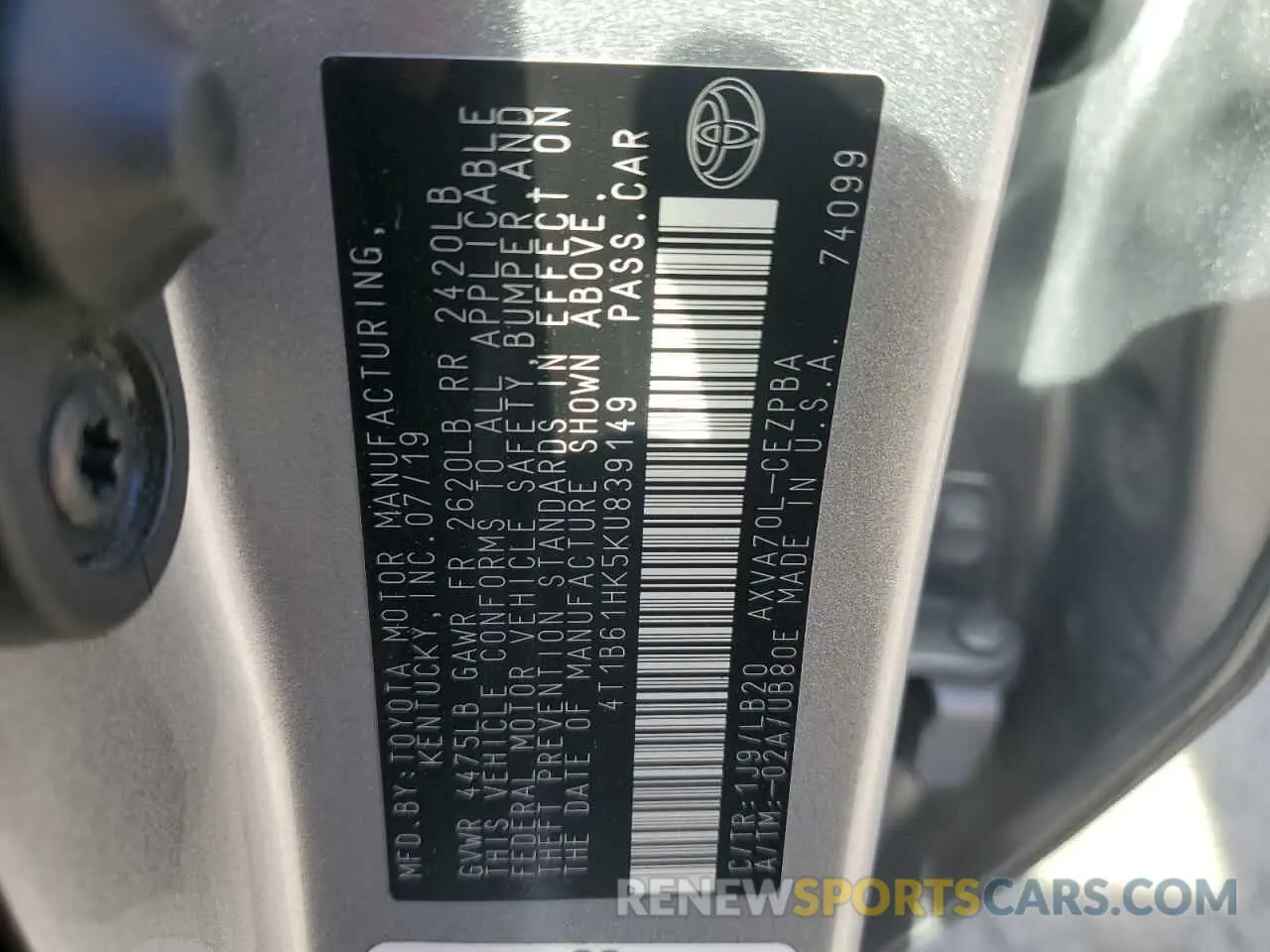 12 Photograph of a damaged car 4T1B61HK5KU839149 TOYOTA CAMRY 2019