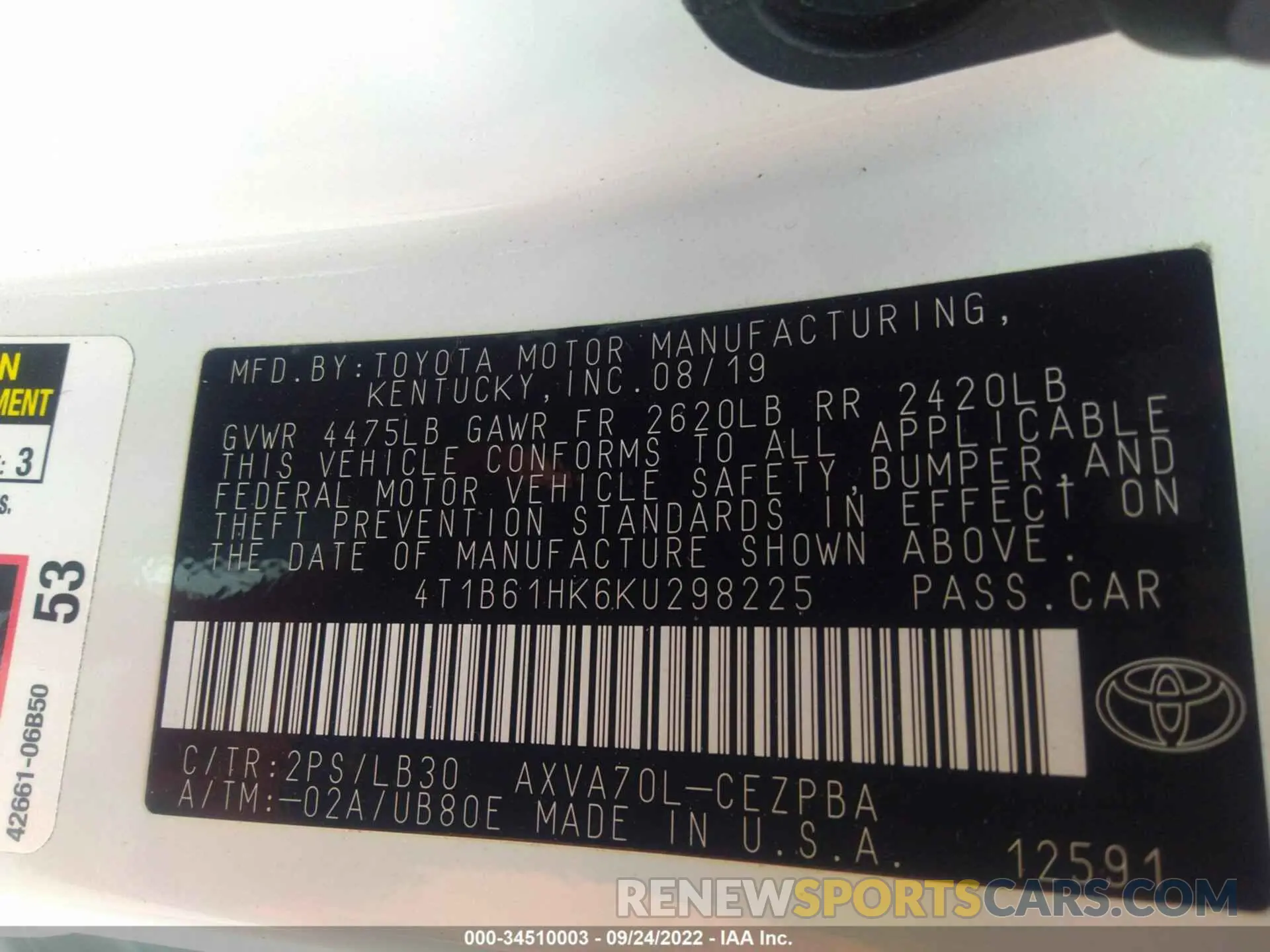 9 Photograph of a damaged car 4T1B61HK6KU298225 TOYOTA CAMRY 2019