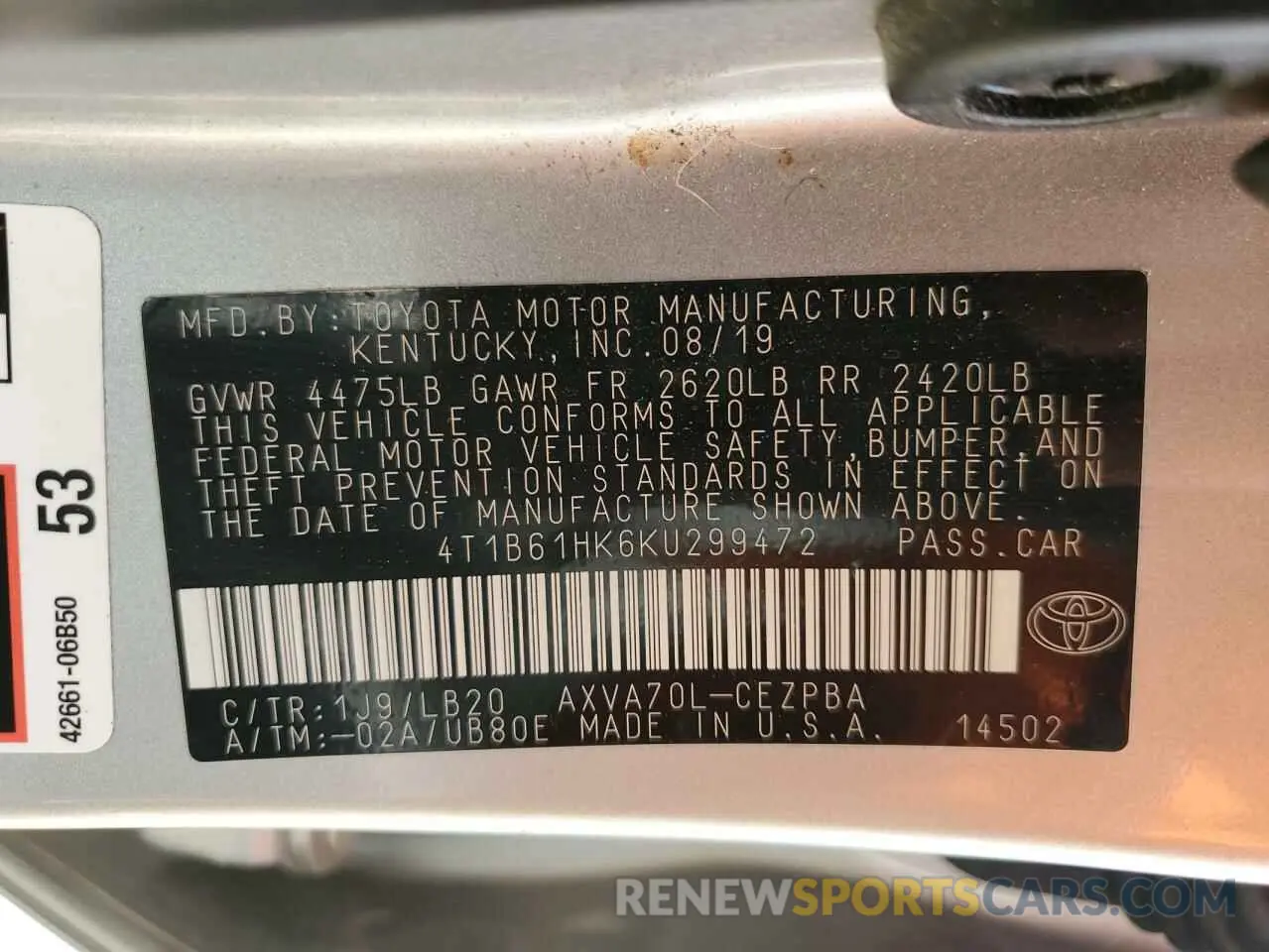 13 Photograph of a damaged car 4T1B61HK6KU299472 TOYOTA CAMRY 2019