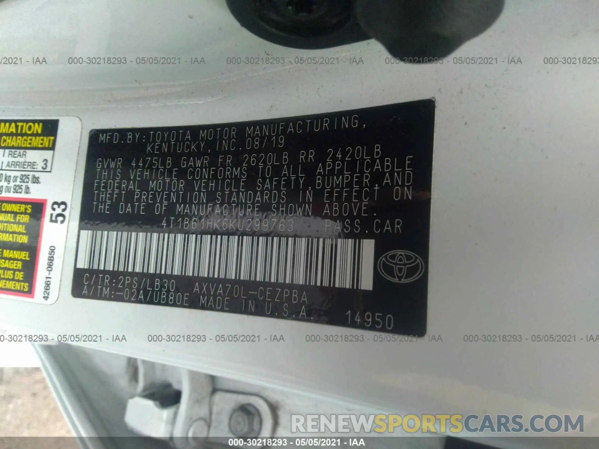 9 Photograph of a damaged car 4T1B61HK6KU299763 TOYOTA CAMRY 2019