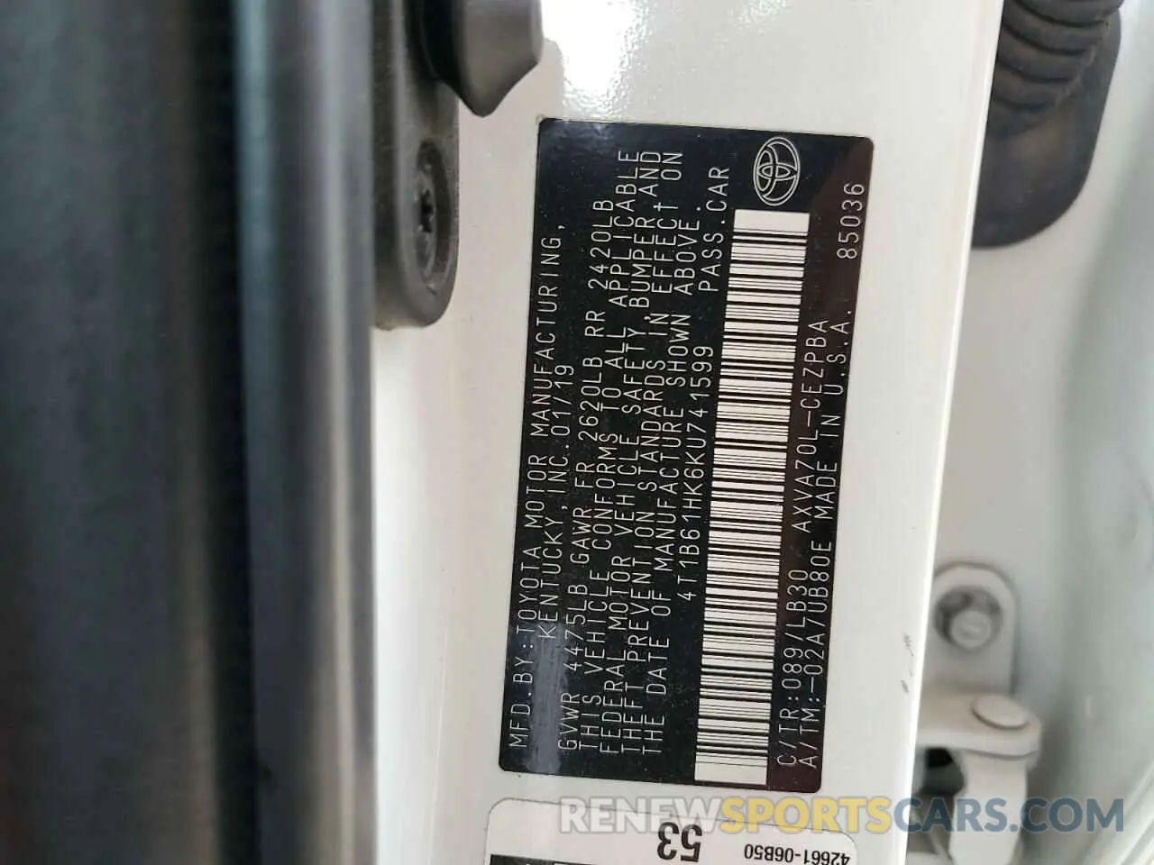 12 Photograph of a damaged car 4T1B61HK6KU741599 TOYOTA CAMRY 2019