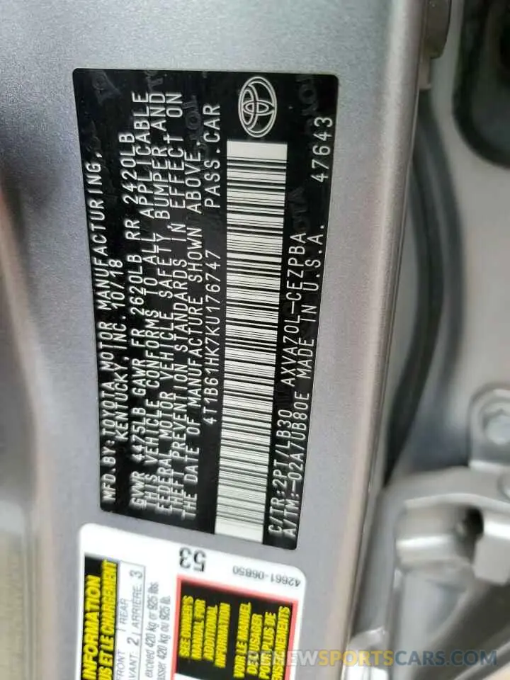 14 Photograph of a damaged car 4T1B61HK7KU176747 TOYOTA CAMRY 2019