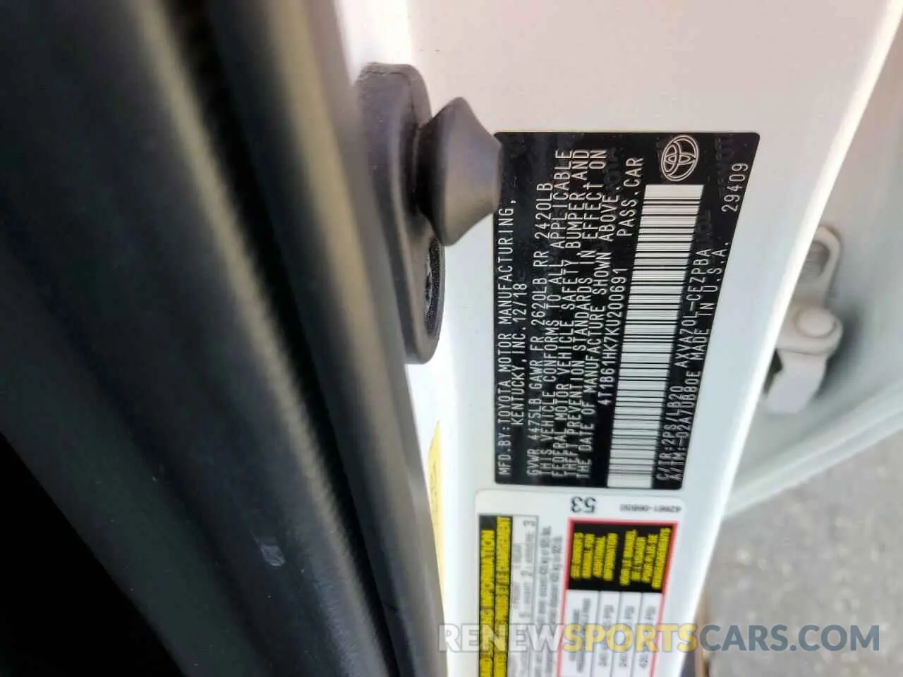 12 Photograph of a damaged car 4T1B61HK7KU200691 TOYOTA CAMRY 2019