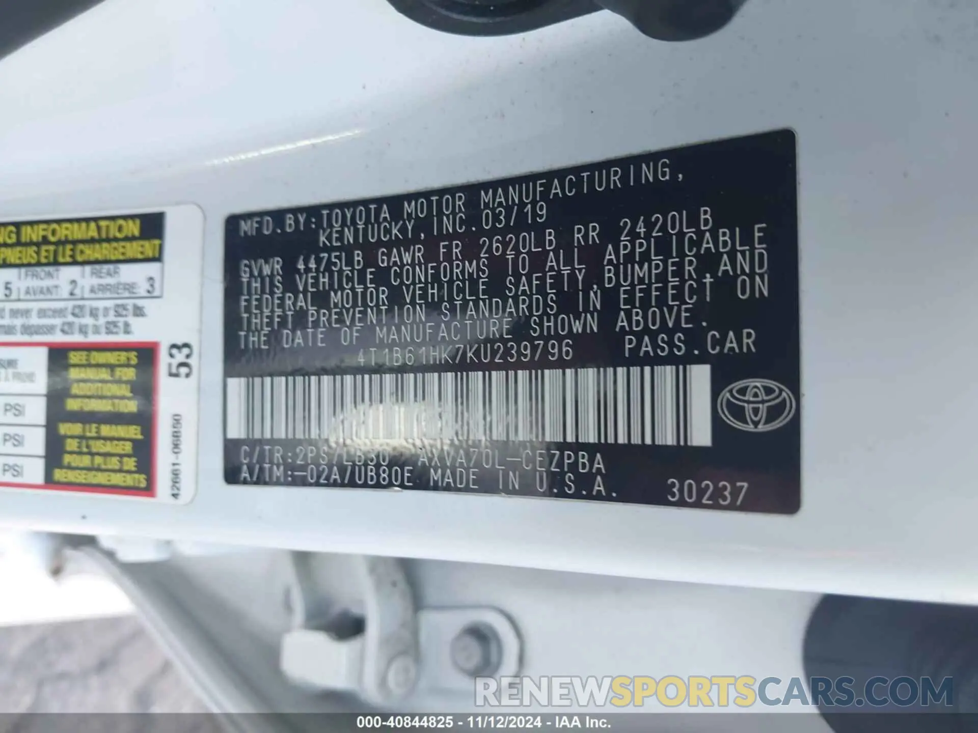 9 Photograph of a damaged car 4T1B61HK7KU239796 TOYOTA CAMRY 2019