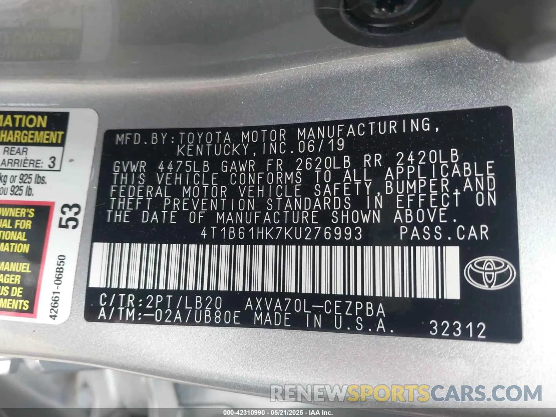 9 Photograph of a damaged car 4T1B61HK7KU276993 TOYOTA CAMRY 2019