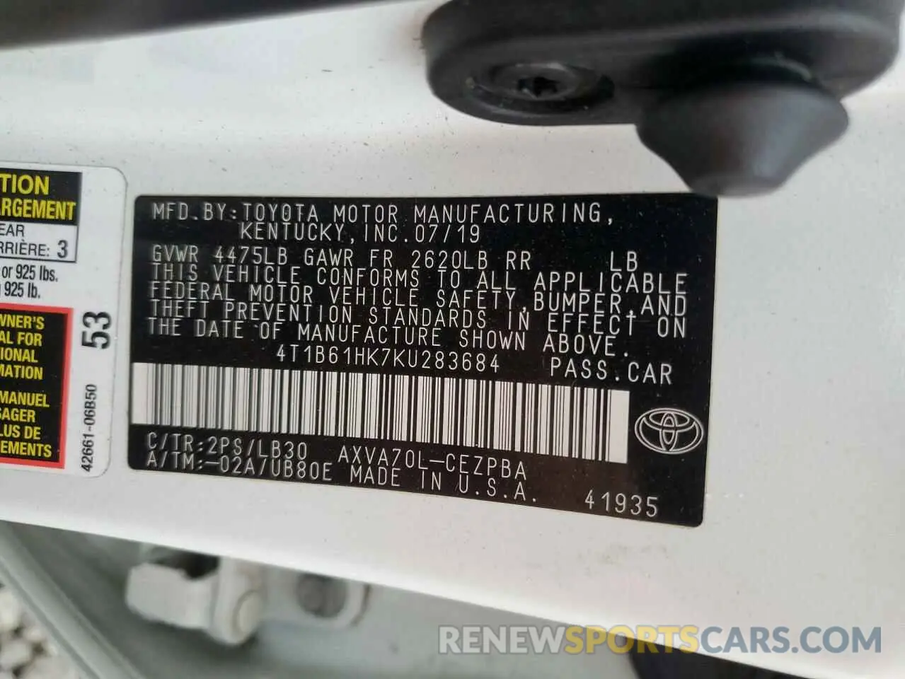 12 Photograph of a damaged car 4T1B61HK7KU283684 TOYOTA CAMRY 2019
