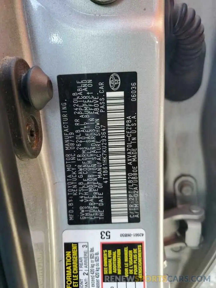 12 Photograph of a damaged car 4T1B61HK7KU293647 TOYOTA CAMRY 2019