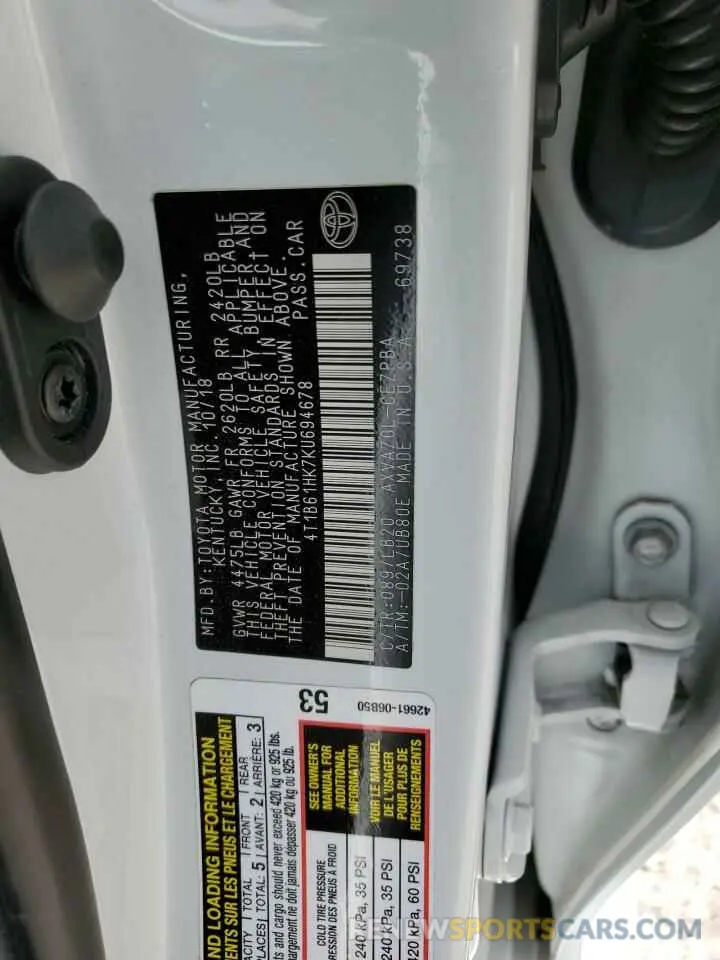 12 Photograph of a damaged car 4T1B61HK7KU694678 TOYOTA CAMRY 2019