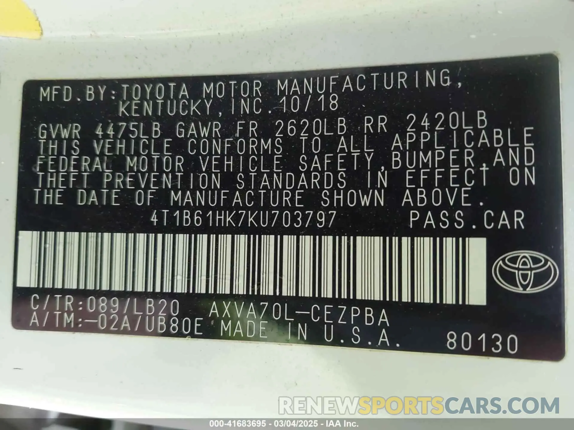 9 Photograph of a damaged car 4T1B61HK7KU703797 TOYOTA CAMRY 2019