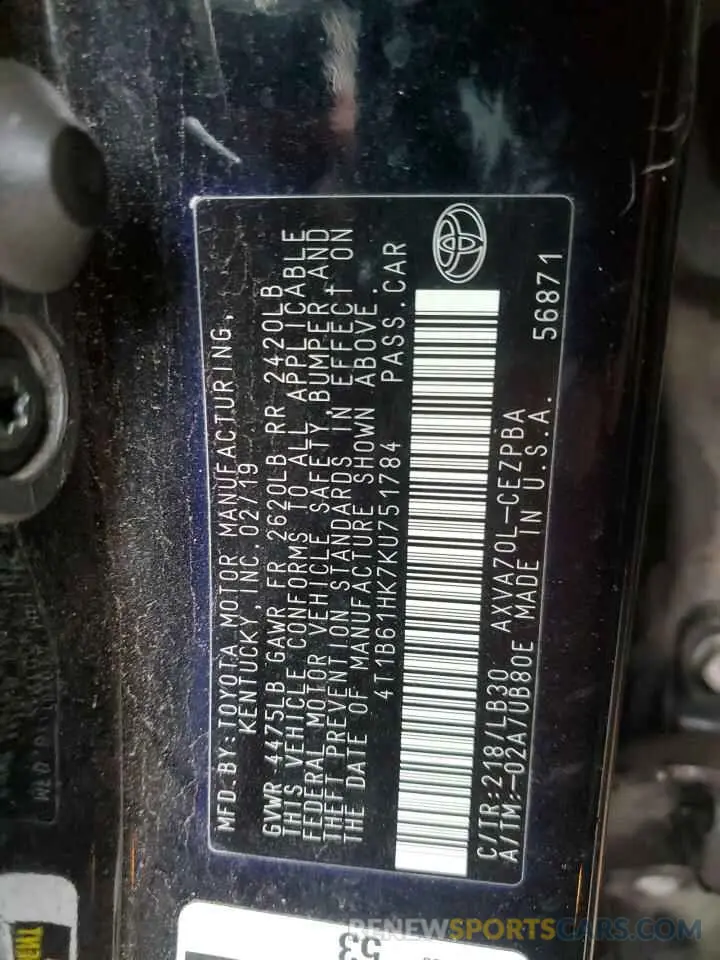 13 Photograph of a damaged car 4T1B61HK7KU751784 TOYOTA CAMRY 2019