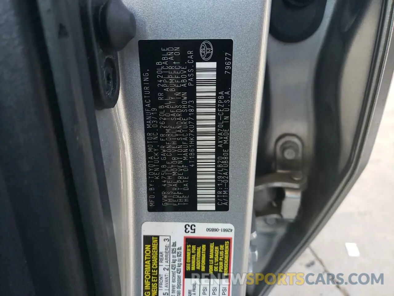 12 Photograph of a damaged car 4T1B61HK7KU771873 TOYOTA CAMRY 2019