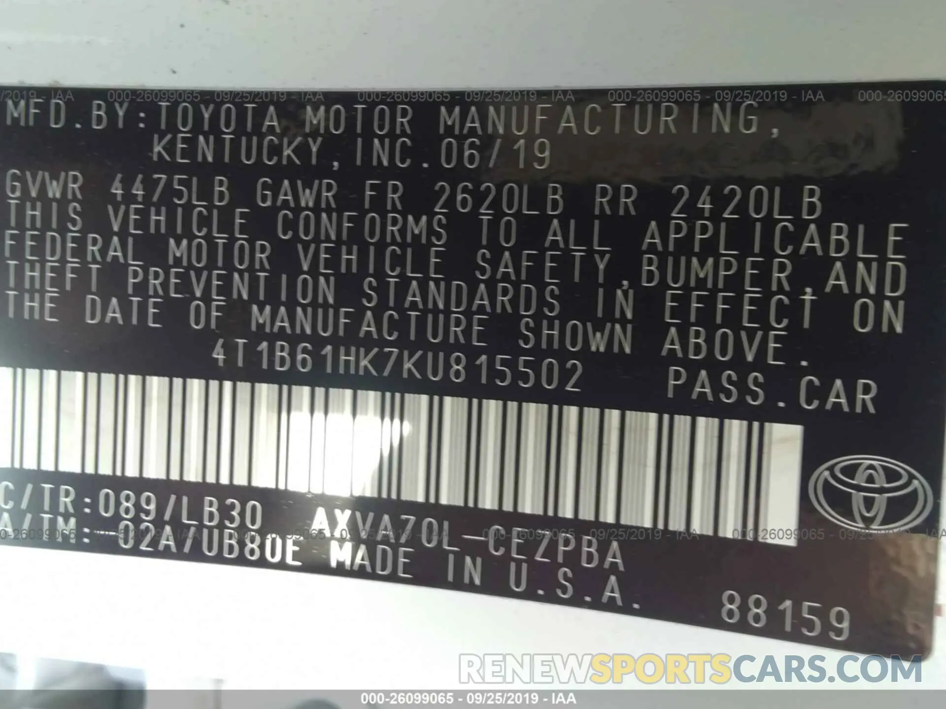 9 Photograph of a damaged car 4T1B61HK7KU815502 TOYOTA CAMRY 2019