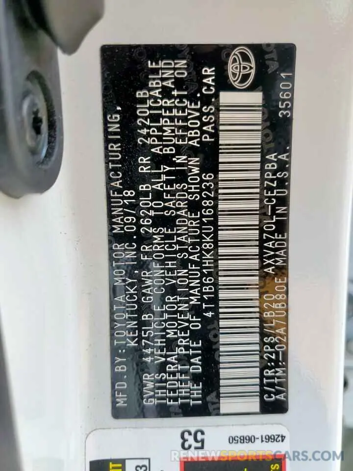 13 Photograph of a damaged car 4T1B61HK8KU168236 TOYOTA CAMRY 2019